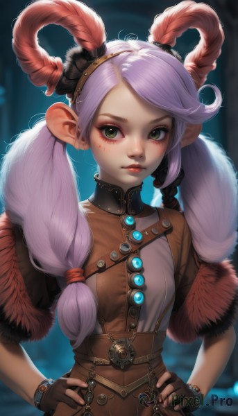 1girl,solo,long hair,looking at viewer,blush,hair ornament,gloves,twintails,jewelry,closed mouth,green eyes,upper body,purple hair,horns,pointy ears,black gloves,fingerless gloves,blurry,bracelet,lips,fur trim,makeup,blurry background,facial mark,feathers,lipstick,brown gloves,hands on hips,red lips,bangs,pink hair,artist name,gem,hair tie