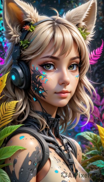 1girl,solo,breasts,looking at viewer,smile,short hair,bangs,blonde hair,hair ornament,animal ears,bare shoulders,medium breasts,closed mouth,green eyes,upper body,flower,ahoge,artist name,cat ears,hair flower,blurry,lips,animal ear fluff,fox ears,eyelashes,tattoo,makeup,headphones,leaf,facial mark,bug,plant,between breasts,portrait,eyeshadow,freckles,pink lips,nose,eyeliner,cable,mascara,paint splatter,long hair,brown hair,brown eyes,sleeveless,collar,from side,light particles,headset,facepaint