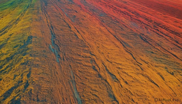 solo,outdoors,sky,cloud,dutch angle,no humans,traditional media,nature,scenery,sunset,mountain,horizon,painting (medium),landscape,orange sky,from above,orange background,abstract,orange theme