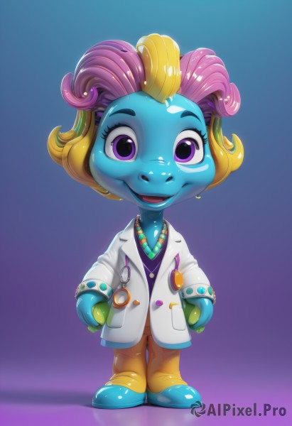 1girl,solo,looking at viewer,smile,open mouth,blonde hair,simple background,1boy,jewelry,standing,purple eyes,full body,pink hair,purple hair,male focus,multicolored hair,necklace,gradient,gradient background,gradient hair,colored skin,blue background,blue skin,labcoat,stethoscope,doctor,short hair,shirt,long sleeves,jacket,boots,green hair,teeth,shiny,pants,artist name,shiny hair,flat chest,two-tone hair,coat,eyelashes,makeup,buttons,watermark,happy,blue shirt,child,furry,eyeshadow,purple background,curly hair,hands on hips,asymmetrical hair,purple shirt,white coat,female child,straight-on,pearl necklace,buck teeth