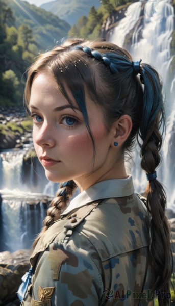 1girl,solo,long hair,looking at viewer,smile,bangs,blue eyes,brown hair,black hair,hair ornament,twintails,jewelry,closed mouth,jacket,upper body,braid,earrings,outdoors,day,looking back,water,blurry,uniform,twin braids,from side,tree,lips,military,eyelashes,military uniform,depth of field,blurry background,sunlight,nature,freckles,realistic,nose,hair tie,stud earrings,camouflage,river,waterfall,camouflage jacket,blush,blue hair,multicolored hair,forehead,mountain,dappled sunlight