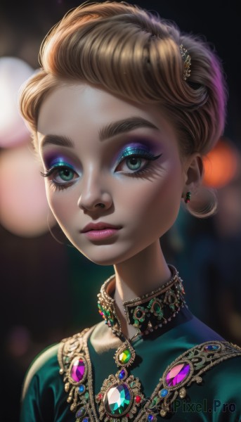 1girl,solo,looking at viewer,short hair,blonde hair,brown hair,hair ornament,dress,jewelry,closed mouth,green eyes,upper body,earrings,artist name,necklace,hair bun,blurry,lips,eyelashes,makeup,depth of field,blurry background,watermark,lipstick,brooch,gem,portrait,web address,eyeshadow,freckles,green dress,realistic,nose,eyeliner,mascara,green gemstone,piercing,single hair bun,bokeh,updo