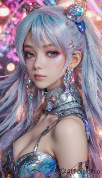 1girl,solo,long hair,breasts,looking at viewer,bangs,blue eyes,hair ornament,cleavage,bare shoulders,twintails,jewelry,medium breasts,closed mouth,upper body,white hair,earrings,blurry,from side,lips,grey eyes,eyelashes,makeup,blurry background,facial mark,piercing,gem,eyeshadow,realistic,nose,eyeliner,mascara,blue hair,collarbone,multicolored hair,artist name,armor,depth of field,expressionless,armlet,pink lips,bikini armor,bokeh