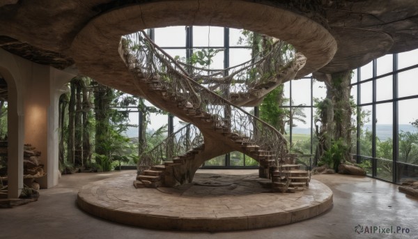 outdoors,day,indoors,water,tree,book,no humans,window,sunlight,plant,nature,scenery,fantasy,ruins,pillar,overgrown,wooden floor,vines,moss,log