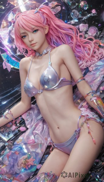 1girl,solo,long hair,breasts,looking at viewer,smile,bangs,blue eyes,thighhighs,navel,cleavage,bare shoulders,twintails,jewelry,medium breasts,sitting,swimsuit,pink hair,bikini,choker,stomach,bra,armor,bracelet,two side up,lips,wavy hair,gem,armlet,realistic,bikini armor,shell,flower,parted lips