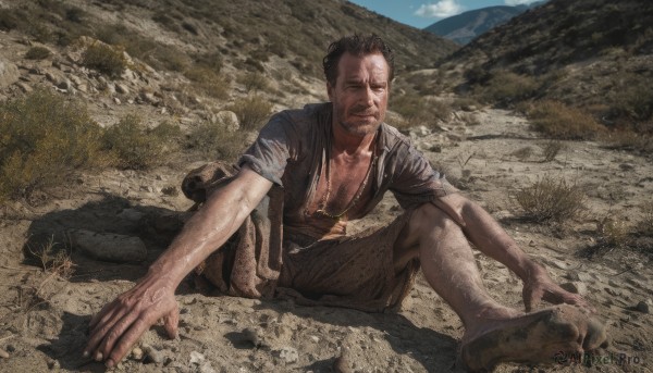 solo,looking at viewer,short hair,brown hair,shirt,black hair,1boy,jewelry,sitting,full body,male focus,outdoors,one eye closed,open clothes,sky,shorts,barefoot,day,necklace,wet,muscular,facial hair,pectorals,beard,rock,mountain,realistic,stubble,dirty,brown shorts,chest hair,leg hair,arm hair,dirty clothes,dirty feet,smile,closed mouth,torn clothes,open shirt,scar,muscular male,bara,mature male,bare pectorals,on ground,pectoral cleavage