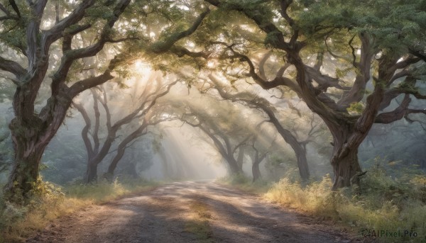 outdoors,day,tree,no humans,sunlight,grass,plant,nature,scenery,forest,light rays,road,sunbeam,dappled sunlight,path,bush,landscape