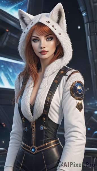 1girl,solo,long hair,breasts,looking at viewer,bangs,blue eyes,brown hair,gloves,long sleeves,animal ears,cleavage,brown eyes,medium breasts,parted lips,hood,orange hair,lips,grey eyes,fur trim,hoodie,makeup,suspenders,lipstick,eyeshadow,hood up,animal hood,nose,red lips,eyeliner,cat hood,parka,standing,red hair,artist name,signature,eyelashes,buttons,fake animal ears,swept bangs,watermark,web address,realistic,emblem,badge