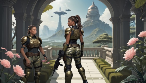 long hair,smile,short hair,multiple girls,brown hair,black hair,gloves,holding,2girls,brown eyes,standing,ponytail,weapon,ass,flower,boots,outdoors,sky,day,belt,pants,cloud,dark skin,fingerless gloves,holding weapon,armor,looking at another,dark-skinned female,tree,gun,military,shoulder armor,building,holding gun,rifle,pink flower,pouch,breastplate,mountain,aircraft,assault rifle,knee pads,pillar,bullpup,column,jewelry,earrings,from behind,uniform,blue sky,lips,military uniform,high ponytail,plant,scenery,pauldrons,realistic,trigger discipline,shoulder pads,camouflage,camouflage pants