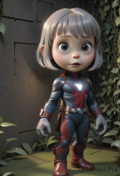 1girl,solo,looking at viewer,short hair,bangs,gloves,closed mouth,green eyes,standing,full body,white hair,grey hair,boots,parted lips,belt,artist name,white gloves,black eyes,lips,grey eyes,bodysuit,leaf,bob cut,plant,red footwear,child,pouch,black bodysuit,female child,brown belt,superhero,blue bodysuit,1boy,chibi,realistic