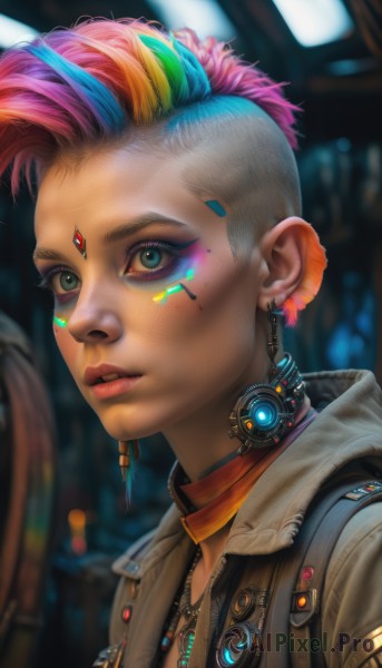 1girl,solo,looking at viewer,short hair,blue eyes,jewelry,closed mouth,green eyes,blue hair,jacket,upper body,pink hair,multicolored hair,earrings,parted lips,choker,dark skin,hood,necklace,blurry,vest,two-tone hair,lips,streaked hair,eyelashes,gradient hair,makeup,depth of field,blurry background,facial mark,piercing,hood down,lipstick,gem,ear piercing,portrait,androgynous,eyeshadow,zipper,freckles,science fiction,asymmetrical hair,realistic,nose,red lips,eyeliner,facepaint,very short hair,facial tattoo,forehead jewel,cyborg,mascara,mohawk,cyberpunk,rainbow hair,blonde hair,green hair,teeth,artist name,signature,mole,from side,open jacket,looking to the side,web address,brown jacket,pink lips,unzipped,cable,undercut