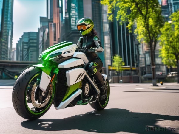 1girl,solo,long hair,black hair,gloves,jacket,boots,outdoors,day,black gloves,blurry,tree,bodysuit,blurry background,shadow,helmet,ground vehicle,building,motor vehicle,city,road,motorcycle,street,biker clothes,bikesuit,motorcycle helmet,looking at viewer,pants,black footwear,black jacket,depth of field,black pants,goggles,leather,skyscraper,leather jacket,on motorcycle