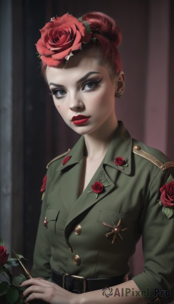 1girl,solo,looking at viewer,short hair,blue eyes,hair ornament,long sleeves,holding,jewelry,closed mouth,jacket,upper body,flower,red hair,earrings,belt,hair flower,hair bun,nail polish,mole,blurry,uniform,black eyes,lips,grey eyes,military,eyelashes,mole under eye,military uniform,makeup,buttons,rose,facial mark,single hair bun,lipstick,red flower,black nails,buckle,sleeves rolled up,eyeshadow,freckles,black belt,red rose,belt buckle,holding flower,red lips,stud earrings,eyeliner,mascara,breasts,artist name,cross,pale skin,green jacket,realistic,nose