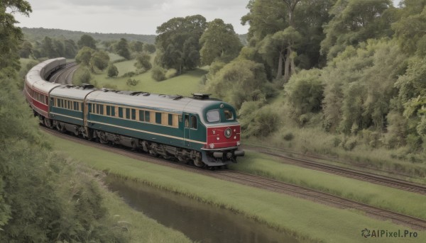 outdoors,day,tree,no humans,grass,ground vehicle,nature,scenery,motor vehicle,forest,car,bush,vehicle focus,train,railroad tracks,truck,sky,cloud,field,landscape