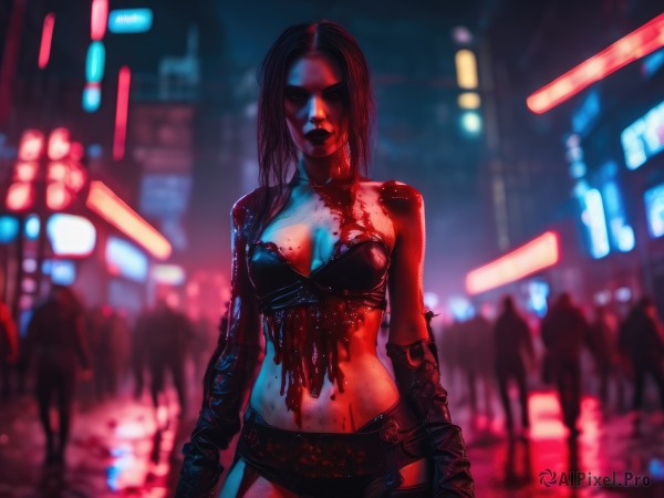 1girl,solo,long hair,breasts,black hair,gloves,navel,cleavage,bare shoulders,medium breasts,underwear,solo focus,midriff,belt,bra,blurry,lips,blood,lipstick,blood on face,city,realistic,blood on clothes,zombie,blood splatter,cyberpunk,neon lights,looking at viewer,elbow gloves,torn clothes,night,blurry background