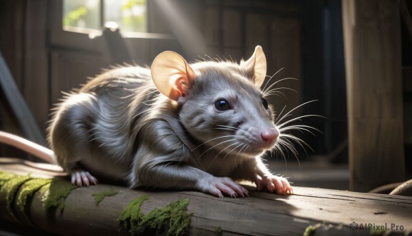 HQ,solo,looking at viewer,blue eyes,closed mouth,lying,day,indoors,blurry,no humans,window,depth of field,blurry background,animal,leaf,sunlight,cat,plant,on stomach,claws,light rays,realistic,animal focus,mouse,whiskers,signature,black eyes,sunbeam,ruins,white fur,pillar,moss