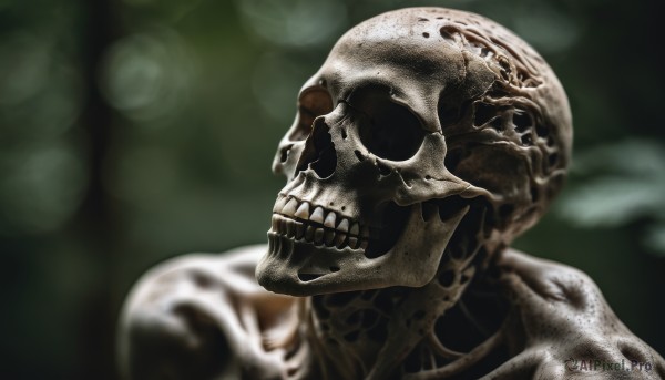 solo,1boy,upper body,male focus,teeth,blurry,no humans,depth of field,blurry background,portrait,skull,realistic,skeleton,alien,from side,profile,moon,green background