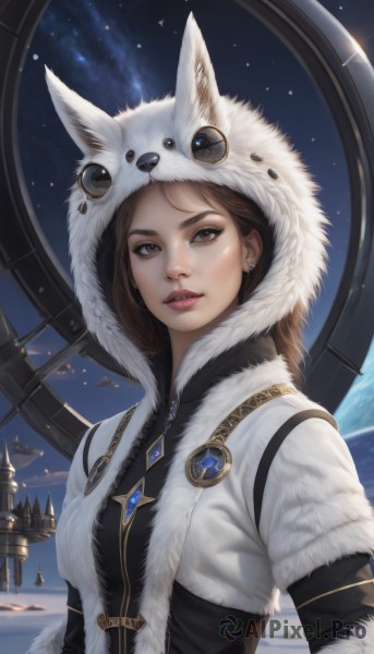 1girl,solo,long hair,breasts,looking at viewer,brown hair,animal ears,brown eyes,jewelry,upper body,earrings,parted lips,sky,hood,lips,coat,fur trim,eyelashes,makeup,brooch,gem,star (sky),snow,starry sky,animal hood,realistic,nose,winter clothes,red lips,stud earrings,space,planet,small breasts,teeth,hood up,spacecraft,pelt