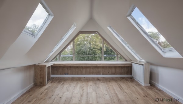 sky,day,cloud,indoors,tree,blue sky,no humans,window,chair,table,curtains,scenery,wooden floor,door,school,floor,plant,still life,reflective floor