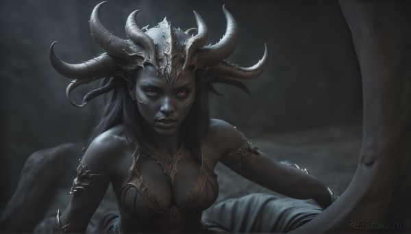 HQ,1girl,solo,long hair,breasts,looking at viewer,large breasts,black hair,red eyes,cleavage,bare shoulders,medium breasts,upper body,horns,lips,colored skin,demon girl,armlet,colored sclera,blue skin,black sclera,dark,grey skin,black skin,black lips,jewelry,realistic