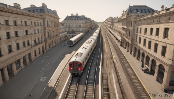 1girl,black hair,outdoors,sky,day,no humans,ground vehicle,building,scenery,motor vehicle,city,car,road,cityscape,bridge,vehicle focus,street,train,railroad tracks,real world location,realistic,train station,truck,vanishing point