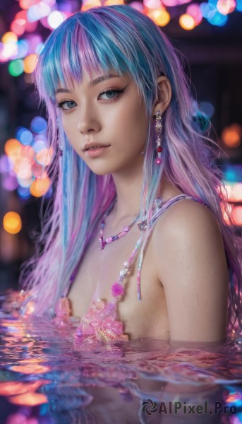 1girl,solo,long hair,breasts,looking at viewer,bangs,blue eyes,jewelry,blue hair,swimsuit,upper body,pink hair,bikini,multicolored hair,earrings,small breasts,parted lips,blunt bangs,water,necklace,blurry,two-tone hair,lips,eyelashes,depth of field,blurry background,partially submerged,realistic,nose,pink bikini,pool,cleavage,bare shoulders,medium breasts,artist name,signature,wet,watermark,web address,bokeh