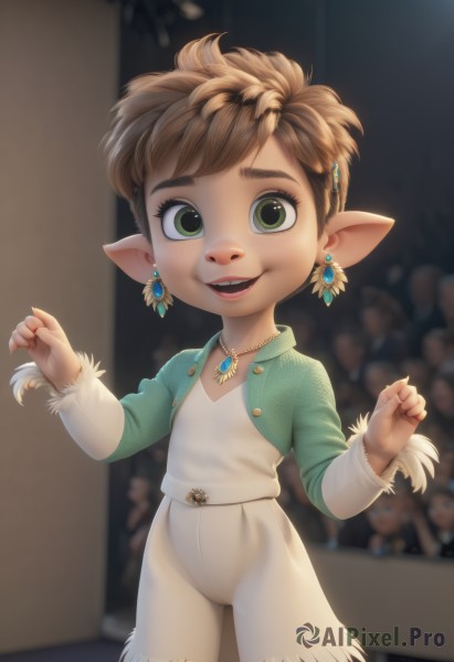 1girl,solo,looking at viewer,smile,short hair,open mouth,brown hair,hair ornament,long sleeves,jewelry,green eyes,:d,earrings,teeth,solo focus,pointy ears,hairclip,necklace,blurry,blurry background,upper teeth only,gem,child,pendant,white pants,female child,male child,dancing,lalafell,shirt,jacket,cowboy shot,pants,artist name,flat chest,lips,hands up,thick eyebrows,feathers,messy hair,green jacket,feather hair ornament