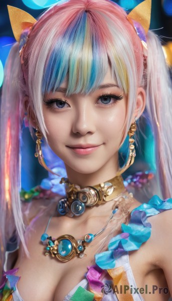 1girl,solo,long hair,breasts,looking at viewer,smile,bangs,blue eyes,blonde hair,hair ornament,cleavage,bare shoulders,twintails,jewelry,medium breasts,closed mouth,blue hair,collarbone,upper body,pink hair,multicolored hair,earrings,choker,armpits,necklace,blurry,two-tone hair,lips,streaked hair,grey eyes,eyelashes,makeup,gem,realistic,nose,mascara,swimsuit,white hair,bikini,portrait