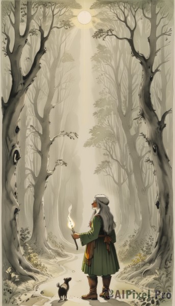 1girl,solo,long hair,long sleeves,hat,dress,holding,standing,white hair,grey hair,boots,outdoors,from side,tree,profile,animal,white headwear,brown footwear,sunlight,grass,fire,nature,scenery,forest,green dress,wide shot,flame,plant,sun,mouse,bare tree