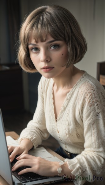 1girl,solo,breasts,looking at viewer,smile,short hair,bangs,brown hair,shirt,long sleeves,brown eyes,sitting,closed mouth,white shirt,upper body,frills,belt,indoors,mole,blurry,lips,mole under eye,blurry background,bob cut,blouse,freckles,realistic,nose,frilled shirt,computer,laptop,keyboard (computer),skirt,jewelry,collarbone,earrings,necklace,blue skirt,fingernails,watermark,table,denim,lace trim,lace,web address,watch,wristwatch