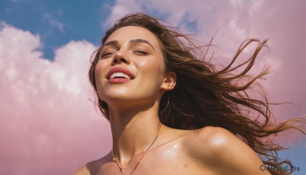 1girl,solo,long hair,smile,open mouth,brown hair,jewelry,collarbone,closed eyes,upper body,nude,outdoors,parted lips,sky,teeth,day,cloud,dark skin,necklace,dark-skinned female,blue sky,lips,floating hair,cloudy sky,wind,portrait,freckles,realistic,nose,bare shoulders,shiny,shiny skin