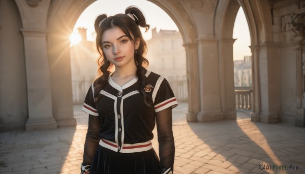 1girl,solo,long hair,looking at viewer,skirt,brown hair,black hair,long sleeves,twintails,brown eyes,jewelry,closed mouth,standing,braid,short sleeves,earrings,outdoors,day,artist name,black skirt,twin braids,lips,shadow,sunlight,backlighting,realistic,arms at sides,layered sleeves,short over long sleeves,pillar,arch,smile,shirt,upper body,two side up