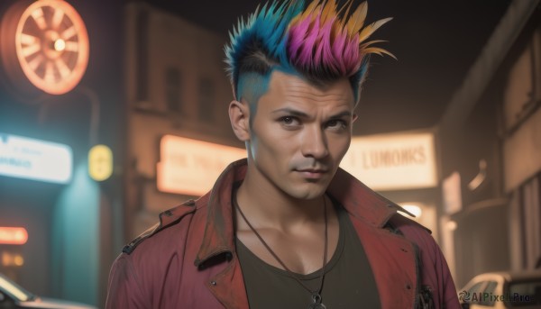 solo,looking at viewer,short hair,shirt,black hair,1boy,brown eyes,jewelry,closed mouth,blue hair,collarbone,jacket,upper body,pink hair,male focus,multicolored hair,open clothes,necklace,blurry,black eyes,two-tone hair,open jacket,black shirt,blurry background,facial hair,ground vehicle,motor vehicle,red jacket,realistic,undercut,mohawk,cyberpunk,blonde hair,purple hair,outdoors,night,depth of field,spiked hair,portrait,neon lights