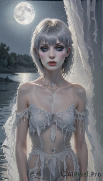 1girl,solo,breasts,looking at viewer,blush,short hair,bangs,blue eyes,dress,navel,bare shoulders,jewelry,collarbone,grey hair,cowboy shot,earrings,small breasts,outdoors,parted lips,sky,artist name,water,necklace,white dress,tree,lips,wet,see-through,eyelashes,makeup,night,watermark,piercing,moon,star (sky),night sky,web address,full moon,starry sky,reflection,realistic,nose,red lips,lake,moonlight,medium breasts,standing,pale skin,revealing clothes,veil,arms at sides