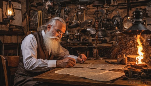 solo,shirt,long sleeves,1boy,holding,sitting,white shirt,white hair,male focus,glasses,indoors,vest,book,facial hair,chair,table,fire,beard,black vest,lantern,paper,mustache,lamp,candle,bald,old,old man,writing,quill,fireplace,inkwell,gloves,pants,desk,brown gloves,fantasy,round eyewear,pen,brown vest,map,wooden chair