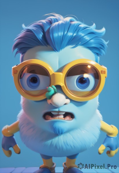 solo,looking at viewer,open mouth,blue eyes,simple background,gloves,1boy,bow,blue hair,standing,full body,male focus,glasses,teeth,shiny,artist name,bowtie,shiny hair,gradient,gradient background,no humans,facial hair,bird,blue background,goggles,beard,blue theme,mustache,blue gloves,furry male,blue fur,short hair,blue skin