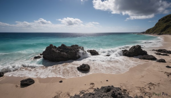 outdoors,sky,day,cloud,water,blue sky,no humans,ocean,beach,cloudy sky,scenery,rock,sand,horizon,waves,shore