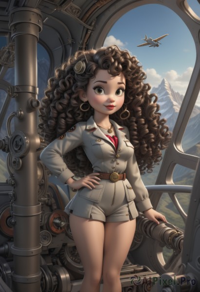 1girl,solo,long hair,breasts,looking at viewer,smile,brown hair,long sleeves,brown eyes,jewelry,medium breasts,standing,jacket,thighs,earrings,sky,shorts,day,belt,cloud,necklace,uniform,blue sky,lips,hand on hip,military,short shorts,military uniform,makeup,lipstick,science fiction,curly hair,hoop earrings,white shorts,mountain,aircraft,red lips,airplane,big hair,spacecraft,airship,shirt,closed mouth,outdoors,artist name,buttons,feet out of frame,wavy hair,grey jacket