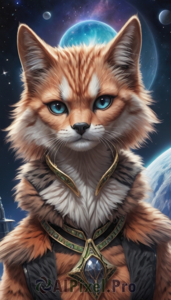 solo,looking at viewer,blue eyes,jewelry,upper body,sky,necklace,no humans,animal,moon,cat,gem,star (sky),night sky,full moon,starry sky,space,animal focus,planet,whiskers,closed mouth,artist name,signature,animal ear fluff,watermark,pendant,fur collar,realistic,white fur,earth (planet)