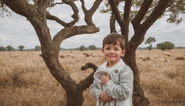 solo,looking at viewer,smile,short hair,brown hair,shirt,long sleeves,1boy,holding,brown eyes,standing,white shirt,upper body,male focus,outdoors,parted lips,sky,day,cloud,blurry,tree,blurry background,cloudy sky,child,nature,headwear removed,realistic,male child,bare tree,baby,grey sky,teeth,cup,grass,robe