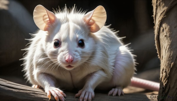 HQ,looking at viewer,blue eyes,closed mouth,blurry,no humans,depth of field,animal,cat,claws,wooden floor,realistic,animal focus,white fur,mouse,whiskers,solo,full body,signature,black eyes,blurry background