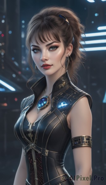 1girl,solo,long hair,breasts,looking at viewer,bangs,blue eyes,brown hair,cleavage,jewelry,medium breasts,upper body,ponytail,earrings,parted lips,sleeveless,necklace,blurry,lips,grey eyes,makeup,blurry background,lipstick,gem,corset,armlet,pendant,eyeshadow,nose,red lips,eyeliner,hair ornament,dress,closed mouth,artist name,realistic