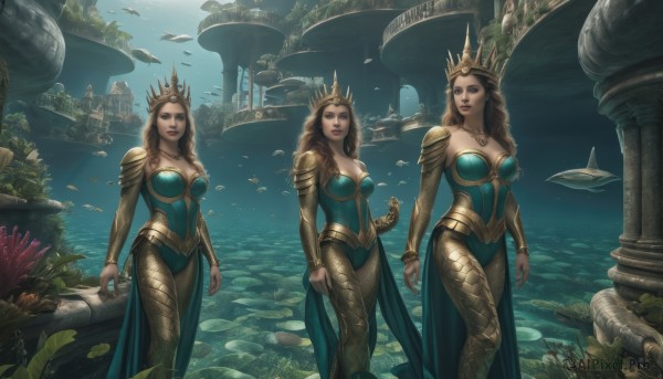 long hair,breasts,looking at viewer,blue eyes,multiple girls,blonde hair,large breasts,brown hair,dress,cleavage,jewelry,medium breasts,standing,weapon,braid,pantyhose,sword,3girls,water,necklace,armor,lips,strapless,tiara,crown,shoulder armor,fish,pauldrons,underwater,fantasy,arms at sides,multiple persona,lily pad,aquarium,1girl,nail polish,makeup,multiple views,bird,leaf,plant,lipstick,scenery,realistic,red lips,watercraft,pillar,coral