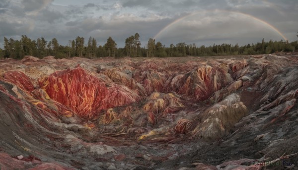 outdoors,sky,day,cloud,tree,no humans,blood,cloudy sky,nature,scenery,forest,mountain,realistic,death,guro,corpse,food,star (sky),planet,meat,landscape