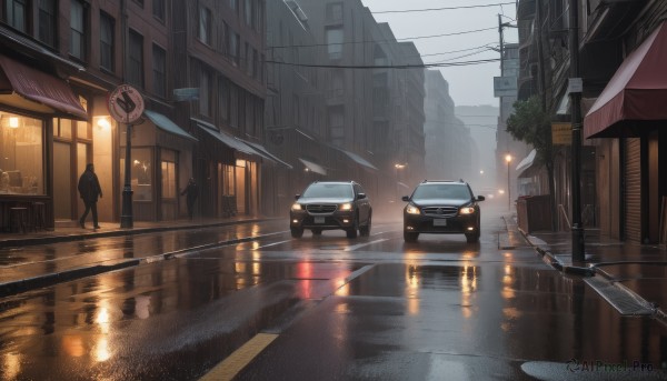 outdoors,sky,artist name,signature,water,tree,no humans,window,night,cat,ground vehicle,building,scenery,motor vehicle,reflection,rain,city,sign,car,road,power lines,lamppost,street,utility pole,road sign,puddle,traffic light,solo,standing,cloud,umbrella,watermark,cloudy sky