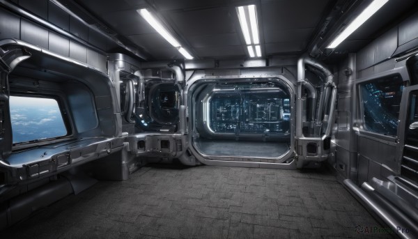 indoors,no humans,window,scenery,reflection,science fiction,realistic,cable,space,spacecraft,seat,sky,day,monitor,planet,earth (planet),cockpit,screen