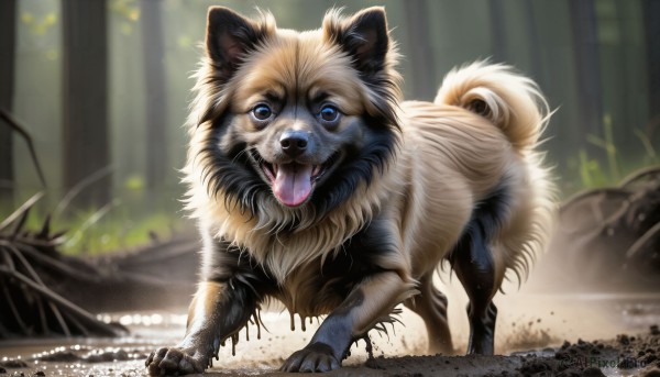 HQ,solo,looking at viewer,open mouth,blue eyes,full body,outdoors,day,tongue,tongue out,blurry,no humans,depth of field,blurry background,animal,nature,forest,dog,realistic,animal focus,standing,signature,fangs