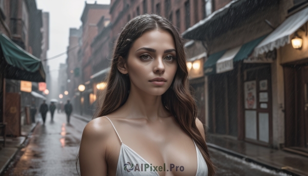 1girl,solo,long hair,breasts,looking at viewer,large breasts,brown hair,black hair,dress,cleavage,bare shoulders,brown eyes,medium breasts,closed mouth,collarbone,upper body,outdoors,sleeveless,solo focus,day,white dress,blurry,lips,sleeveless dress,depth of field,blurry background,building,breasts apart,forehead,realistic,nose,road,street,architecture