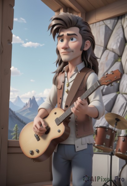 solo,long hair,smile,blue eyes,brown hair,shirt,black hair,1boy,jewelry,male focus,outdoors,sky,day,pants,cloud,necklace,vest,blue sky,denim,instrument,jeans,mountain,music,guitar,playing instrument,brown vest,drum,standing,white shirt,artist name,indoors,signature,tree,window,watermark,thick eyebrows,blue pants