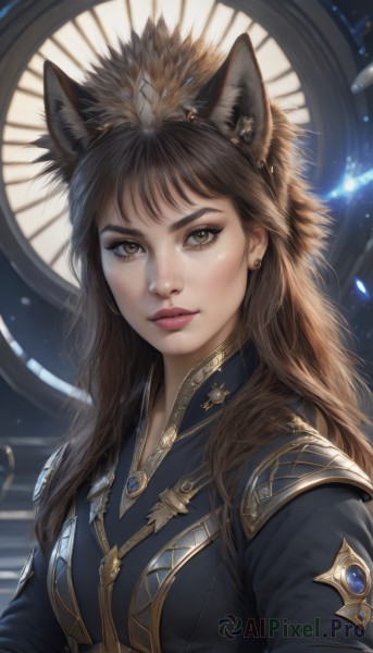 1girl,solo,long hair,breasts,looking at viewer,bangs,brown hair,animal ears,brown eyes,jewelry,closed mouth,upper body,earrings,artist name,cat ears,lips,animal ear fluff,eyelashes,makeup,gem,extra ears,freckles,realistic,nose,clock,stud earrings,medium breasts,yellow eyes,signature,wolf ears,wolf girl